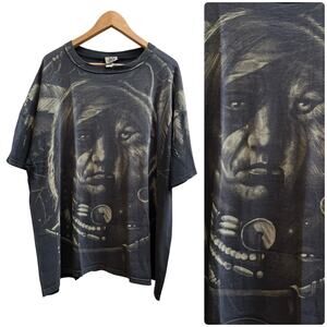 Vintage 96 Liquid Blue Cotton Native American Chief Wolf All Over Print Tee 2XL